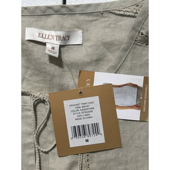 Ellen Tracy Sleeveless Linen Crochet Trim Tunic Top Sandstone Color Size M - Picture 4 of 8